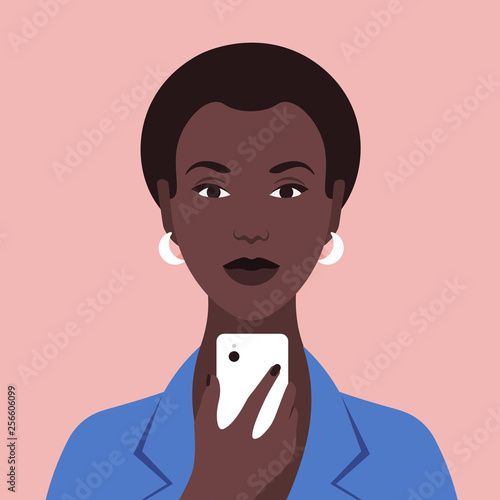 Portrait of an African woman with a phone. Diversity. Nations and races. Addiction on the smartphone and the Internet. Social networks. Vector Flat Illustration