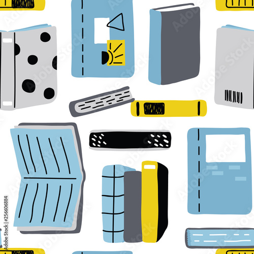 vector seamless background pattern with hand drawn books in scandinavian childish style for fabric, textile,wallpaper,wrapping paper, notebook covers,background