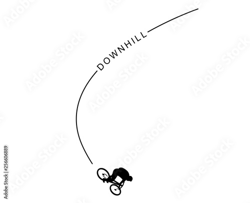 Mountainbiker downhill mit Spurlinie und Text „DOWNHILL“ / Vektor, schwarz-weiß, freigestellt