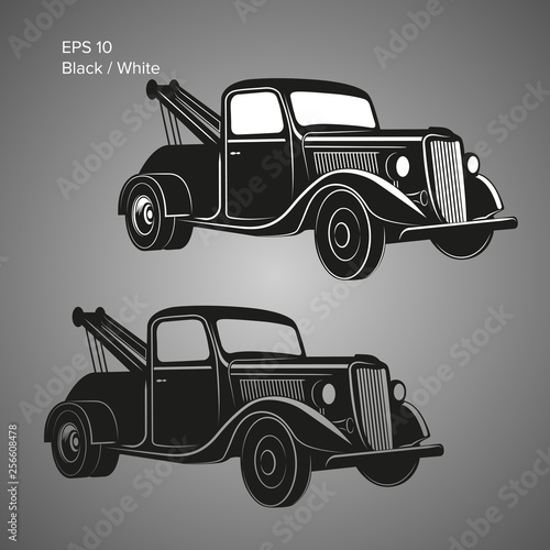 Old vintage tow truck vector illustration. Retro service vehicle.