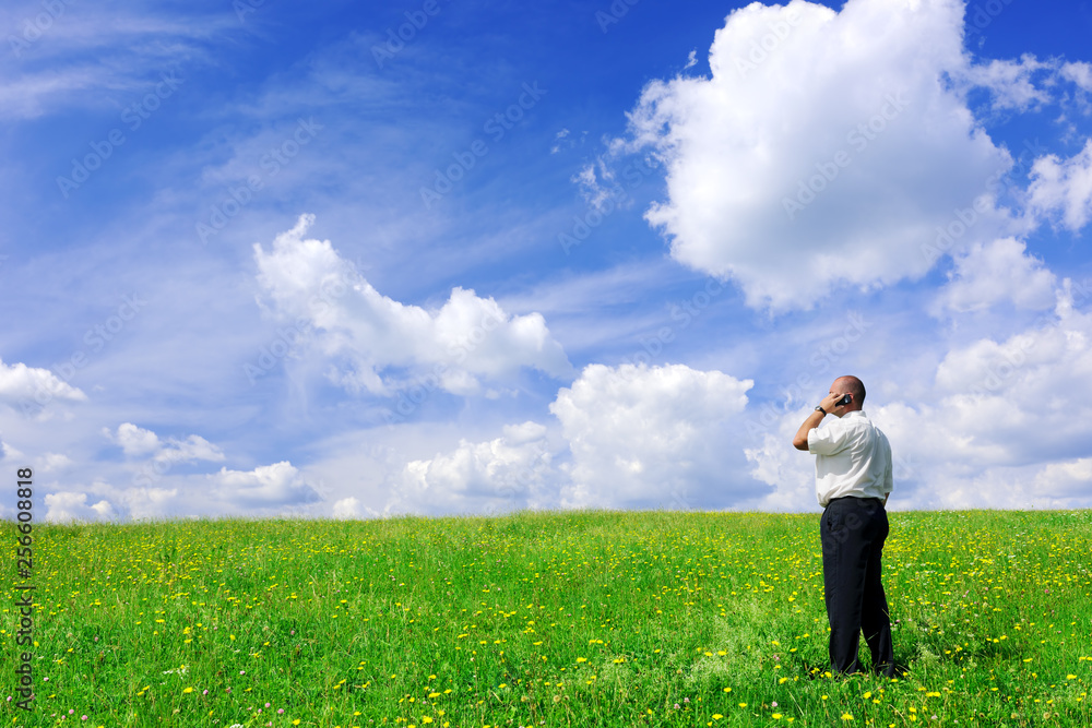 Businessman standing on green field Businessman standing on green field