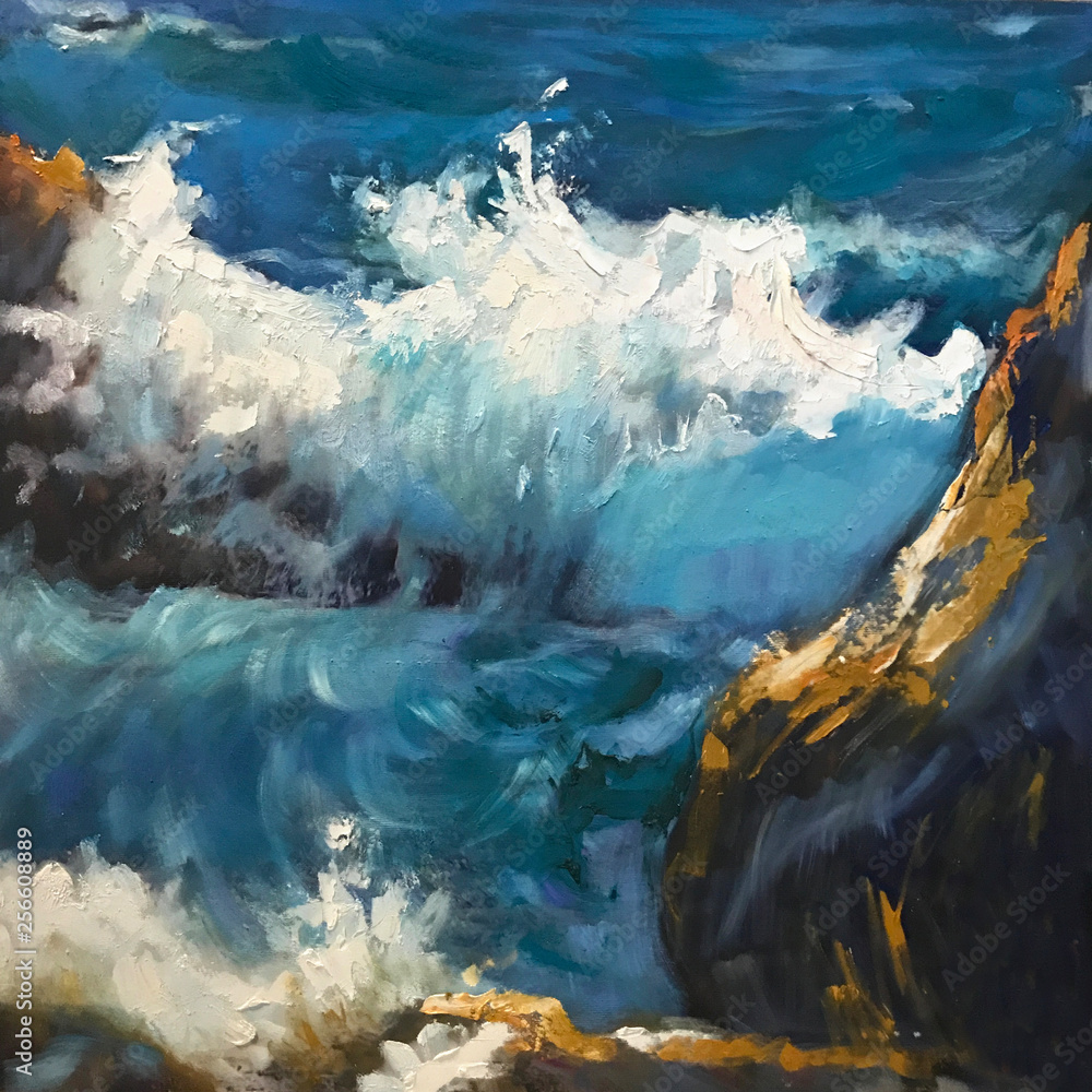 Drawing bright blue white waves, vacation cliff Drawing bright blue white waves, vacation cliff