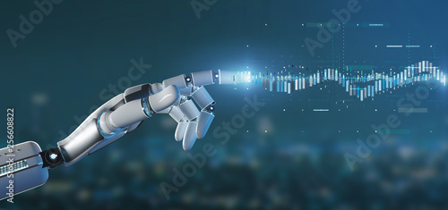 Cyborg hand holding a Business stock exchange trading data information 3d rendering