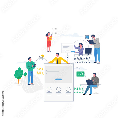 Company employees collaborating on a project. Teamwork concept. Modern flat design illustration. 