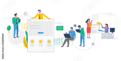 Company employees collaborating on a project. Teamwork concept. Modern flat design illustration.