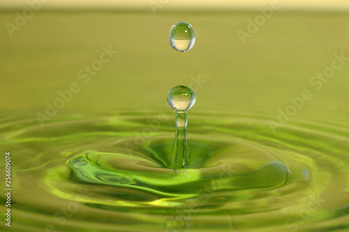 Green drop fall on water surface