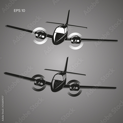Small plane vector illustration. Twin engine propelled aircraft. Business aircraft.