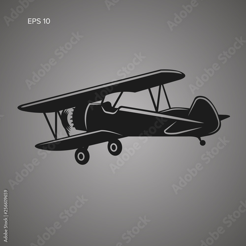 Retro biplane plane vector icon. Vintage piston engine airplane