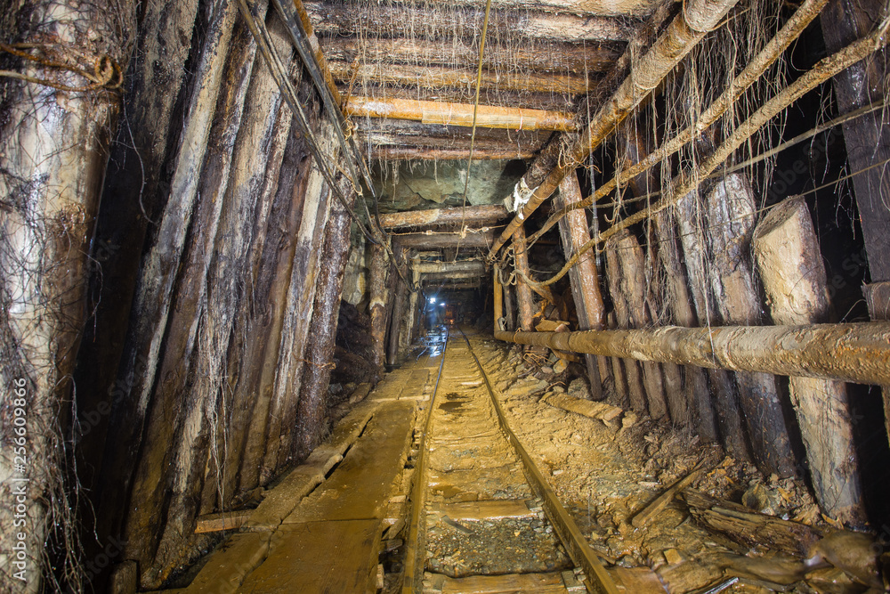 Undeground gold mine tunnel drift with rails