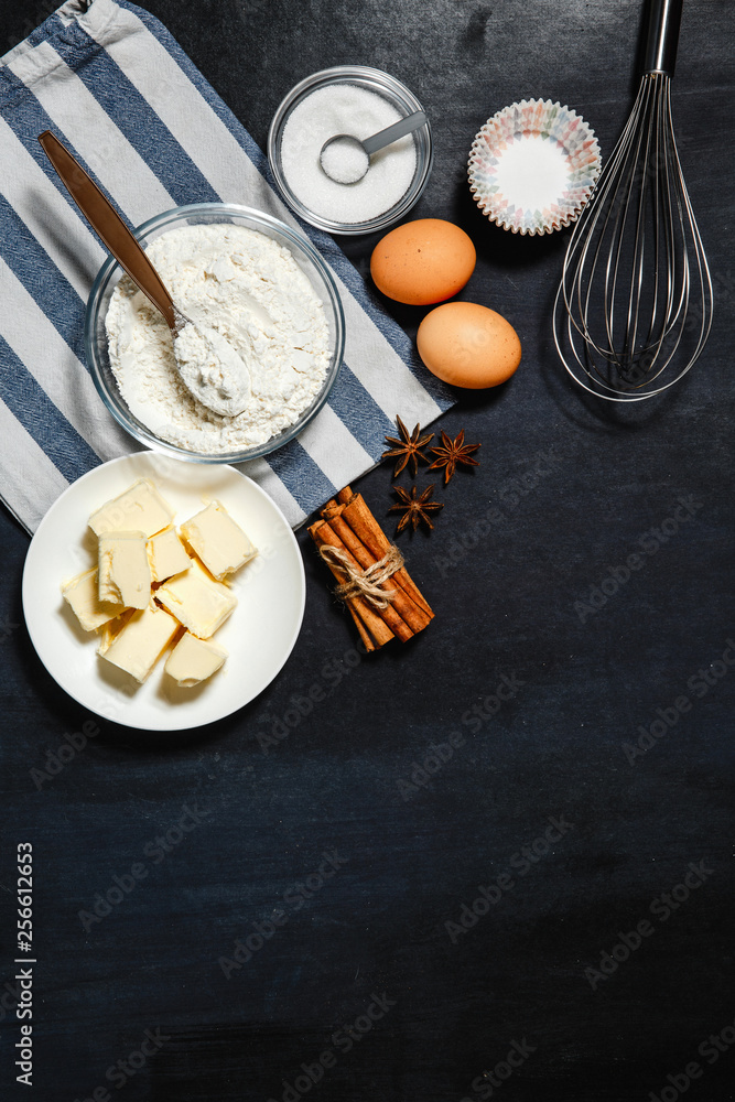 baking ingredient on black background baking ingredient on black background