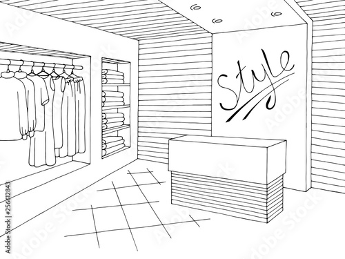 Shop interior graphic black white sketch illustration vector