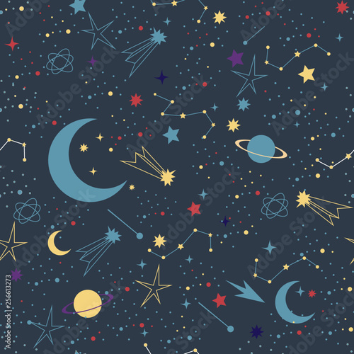 Fototapeta Naklejka Na Ścianę i Meble -  Stars in night sky background, space vector pattern. Space Galaxy constellation seamless pattern 