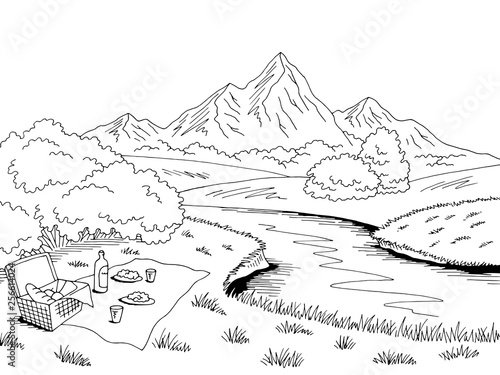 Picnic graphic black white landscape sketch illustration vector