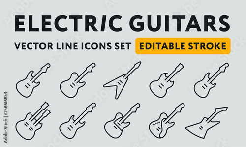 Classic Famous Electric Rock Guitar Bass. Vector Flat Line Icon Icon Set. Cute Small Pictogram. Editable Stroke.