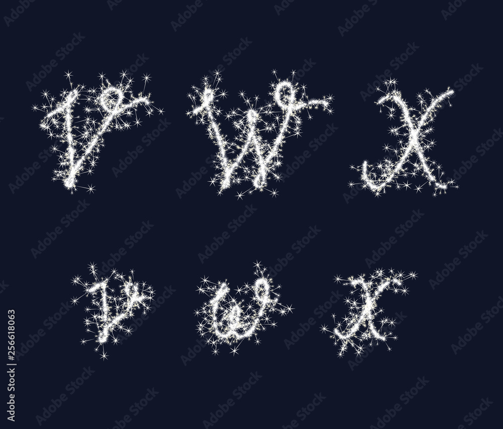 Vector sparkler alphabet font VWX letters for birthday and new year