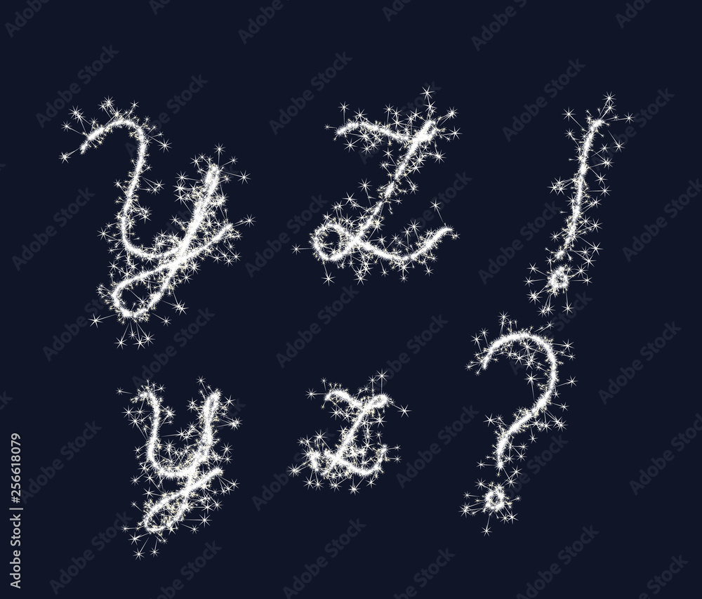 Vector sparkler alphabet font YZ!? letters for birthday and new year