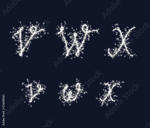 Vector sparkler alphabet font VWX letters for birthday and new year