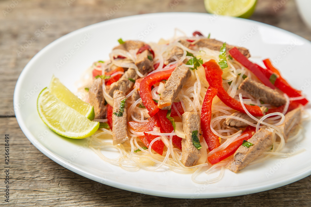 Glass noodles salad with meat.