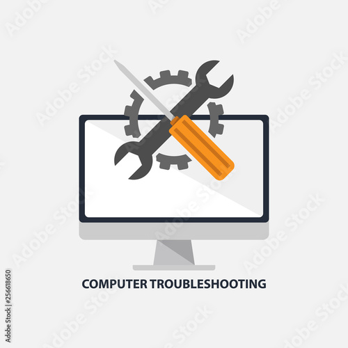 Computer troubleshooting services flat design vector illustration