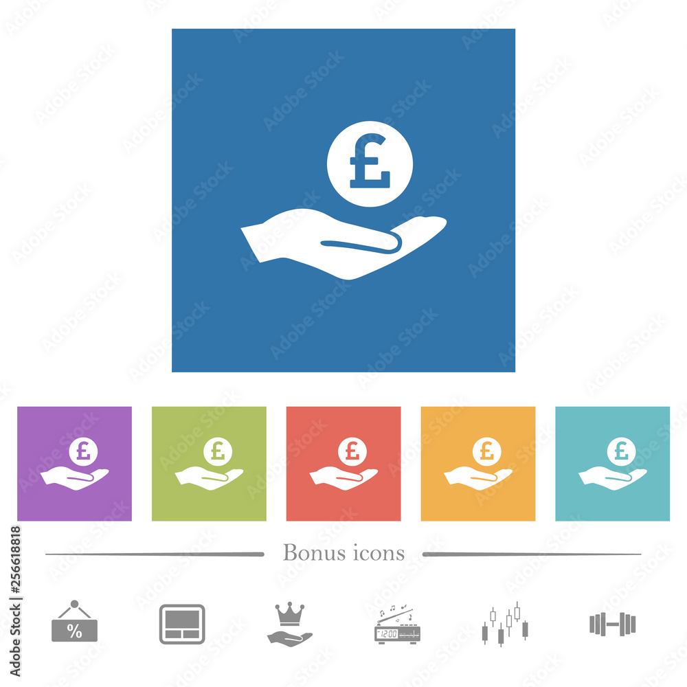 Pound earnings flat white icons in square backgrounds Pound earnings flat white icons in square backgrounds