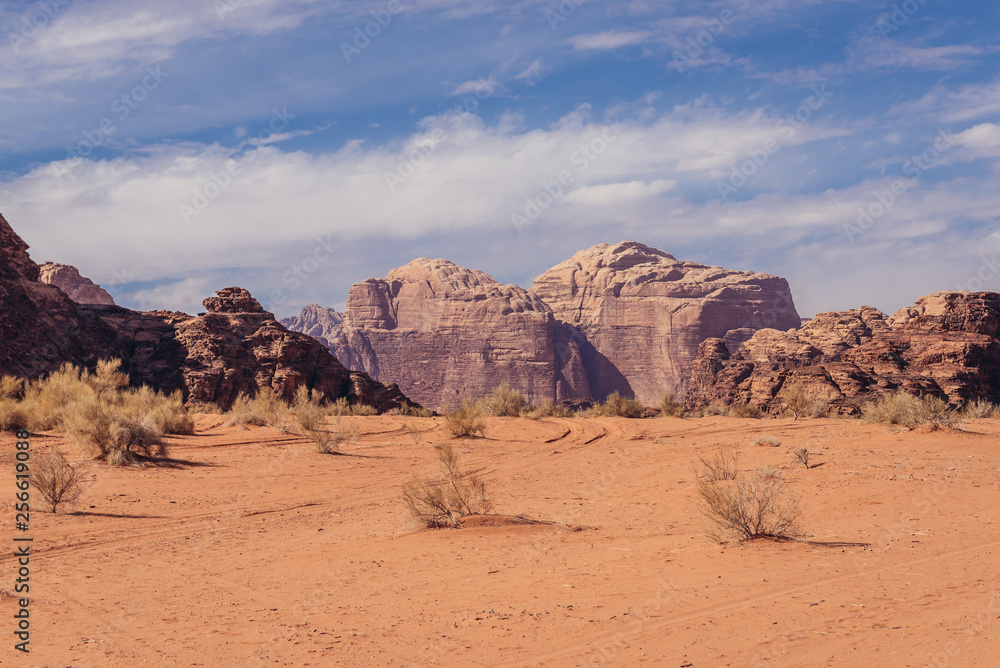 Desert landscape in Wadi Rum - famous valley in Jordan Desert landscape in Wadi Rum - famous valley in Jordan