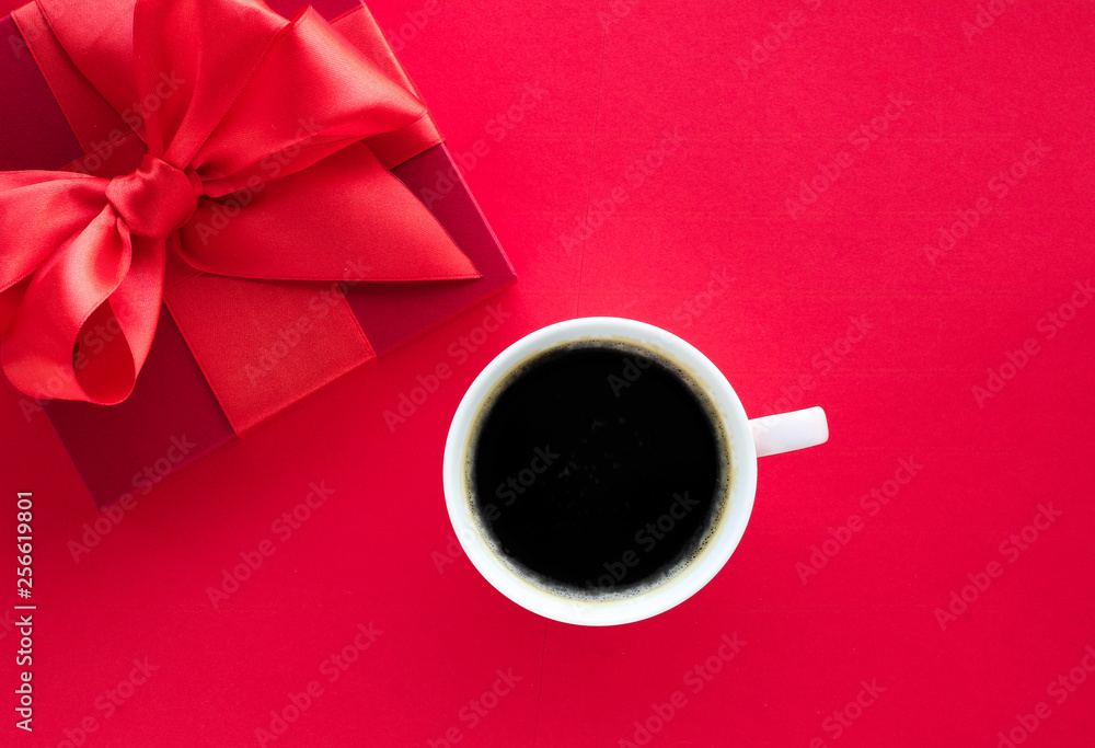 Luxury beauty gift box and coffee on red, flatlay - obrazy, fototapety, plakaty 