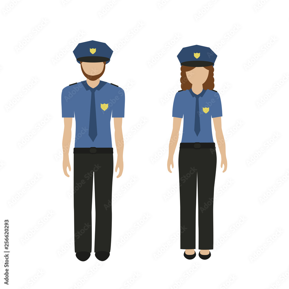 man and woman character policeman and policewoman in uniform isolated on white background vector illustration EPS10 man and woman character policeman and policewoman in uniform isolated on white background vector illustration EPS10