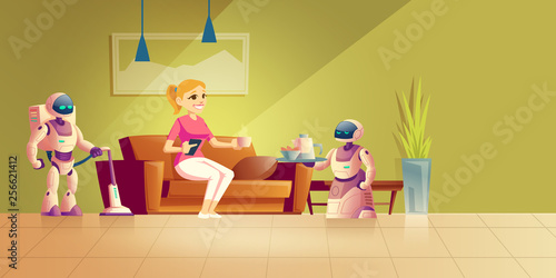 Cleaning and cooking robot cartoon vector concept. Happy woman resting in comfort on sofa, drinking coffee, controlling housekeeping robotic servants with remote illustration. Smart house technologies