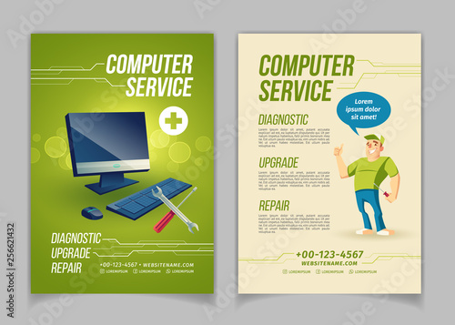 Computer maintain, upgrade and repair service cartoon vector ad brochure, flyer pages template. Work tools and personal computer, happy smiling repairman or technician showing thumbs up illustration