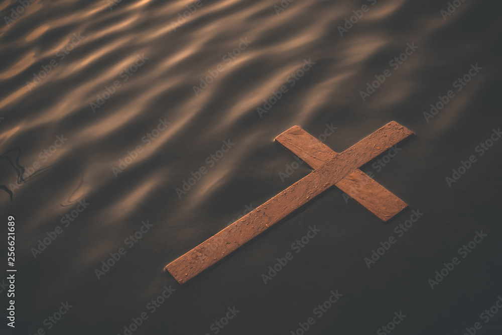 Wooden cross floating on water surface at dawn. Conceptual image baptism Stock Photo Adobe Stock
