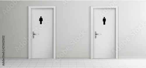 Public toilet male, female visitors entrances 3d realistic vector with corridor with tilled floor and two white doors with metal handles and man, woman pictogram illustration. Gender concept template