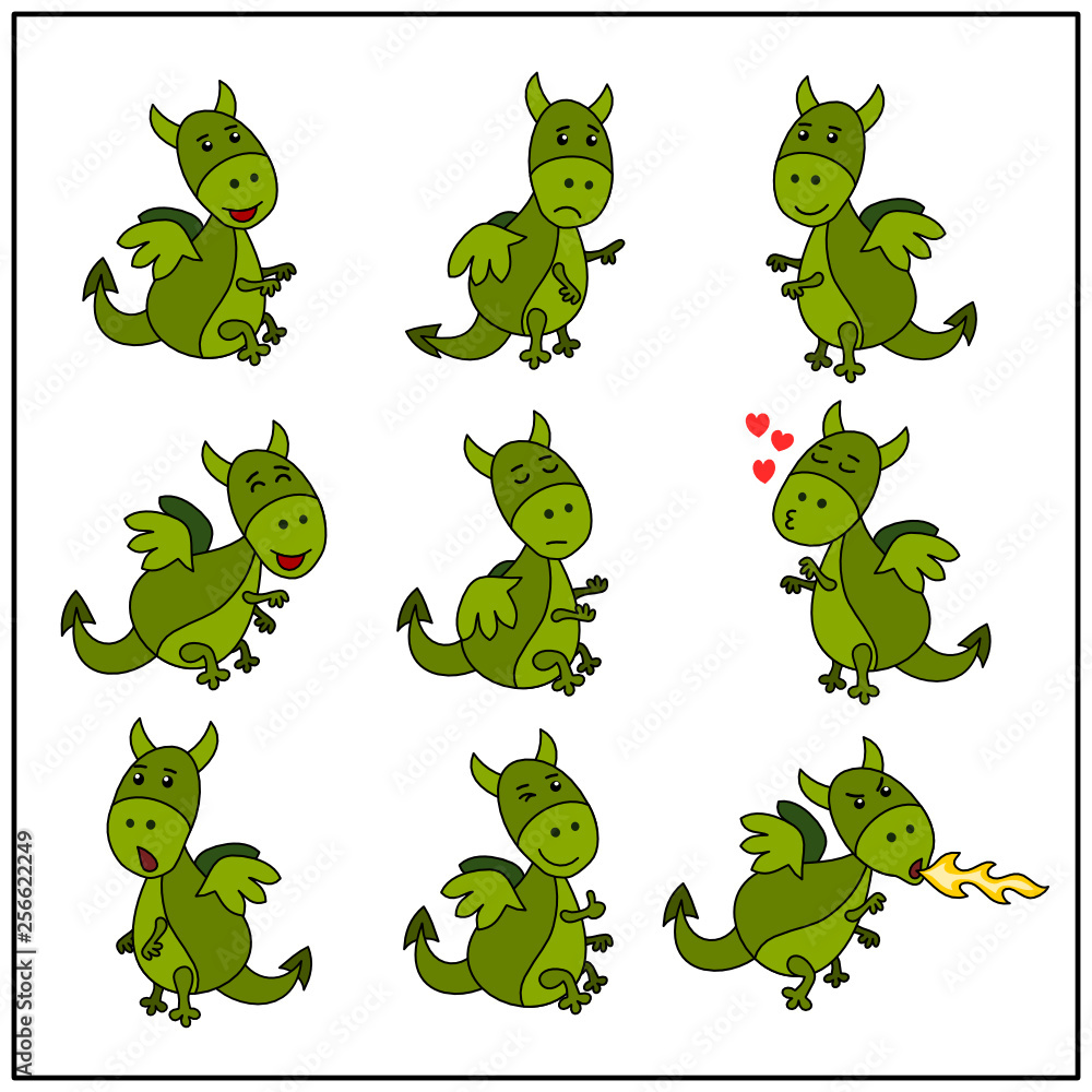 Fototapeta premium Set of funny dragons in cartoon style in different poses isolated on white background.