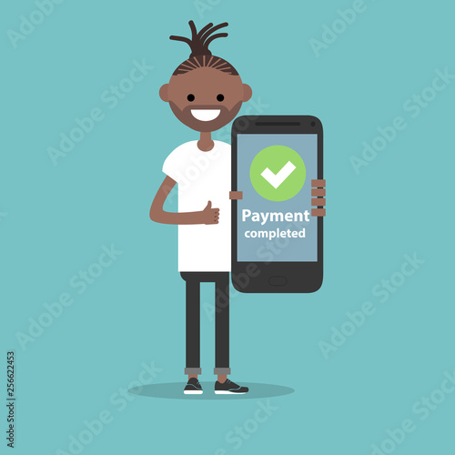 Payment completed.Young character holding a smartphone. Flat cartoon design,Clip art
