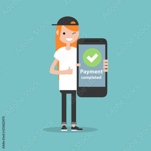 Payment completed.Young character holding a smartphone. Flat cartoon design,Clip art