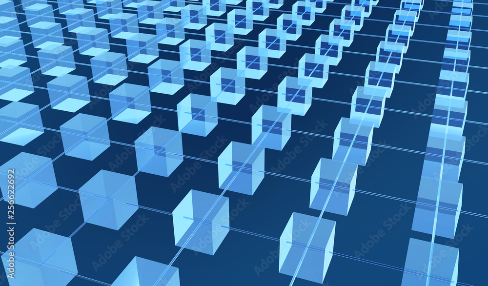 Naklejka premium Blockchain concept 3d rendering with blue cubes and chains stands.as cryptocurrency digital code chain.