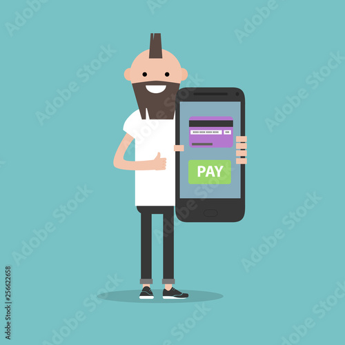 Mobile payment with card.Young character holding a smartphone. Flat cartoon design,Clip art