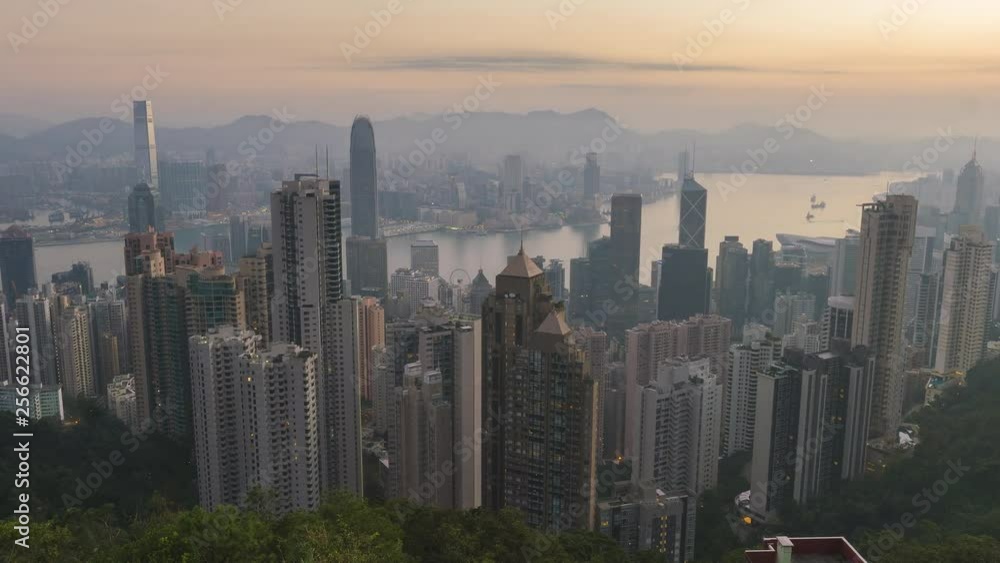4k timelapse Hong Kong in sunrise time with zoom out camera movement 4k timelapse Hong Kong in sunrise time with zoom out camera movement