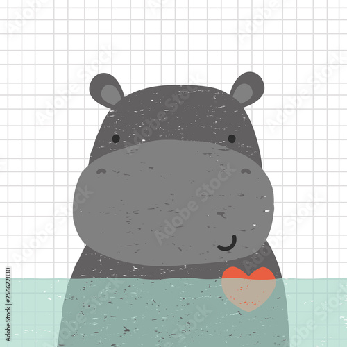 Cute hippopotamus in water. Kids hand drawn print. Vector illustration.