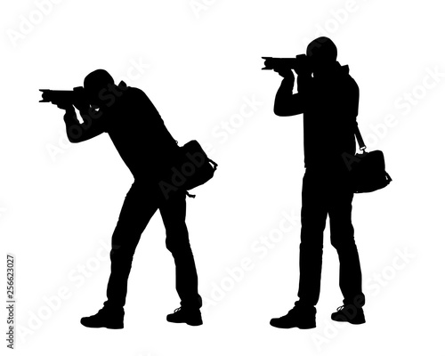 Realistic illustration of silhouettes of a man photographer with camera and bag. Vector on white background