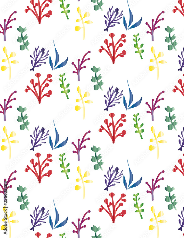 Patrón sin fisuras de diseño floral. Plantas y flores coloridas en el fondo blanco. Patrón sin fisuras de diseño floral. Plantas y flores coloridas en el fondo blanco.