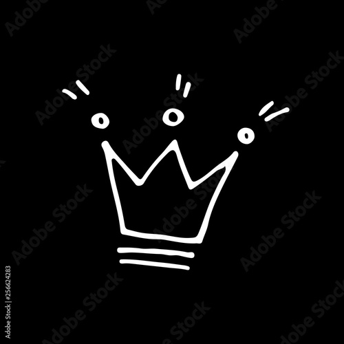 Cute cartoon hand drawn crown drawing. Sweet vector black and white crown drawing. Isolated monochrome doodle crown drawing on black background.