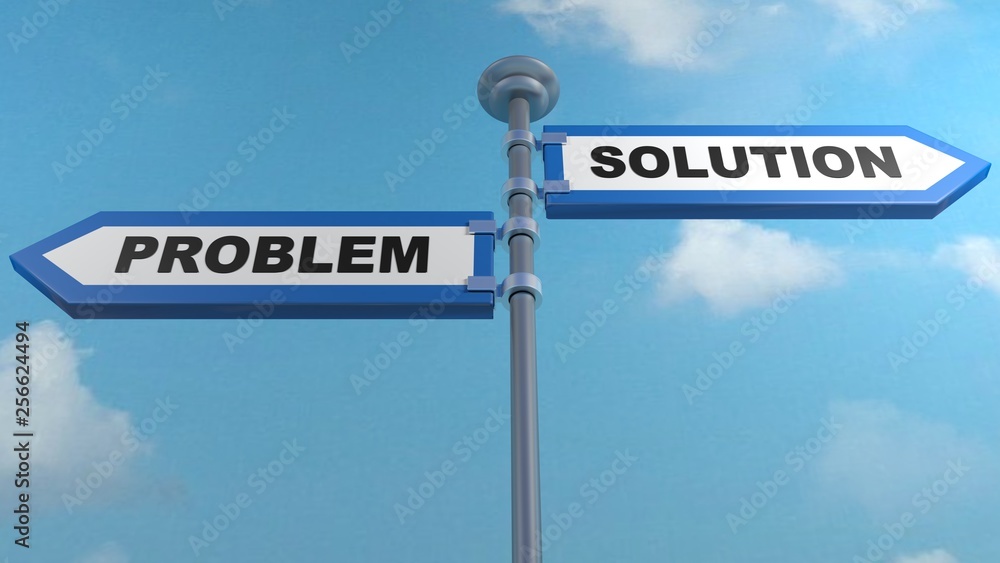 Obraz premium Problem - Solution blue arrow street signs - 3D rendering illustration