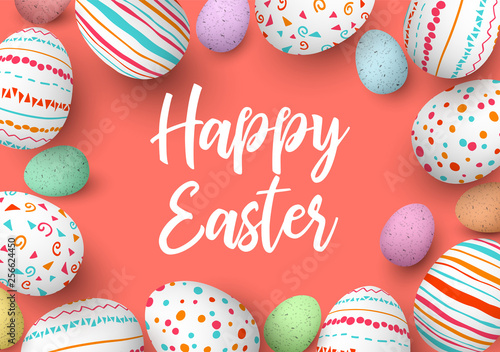 Happy Easter eggs frame with text. Colorful easter eggs on coral background. hand font. Scandinavian ornaments