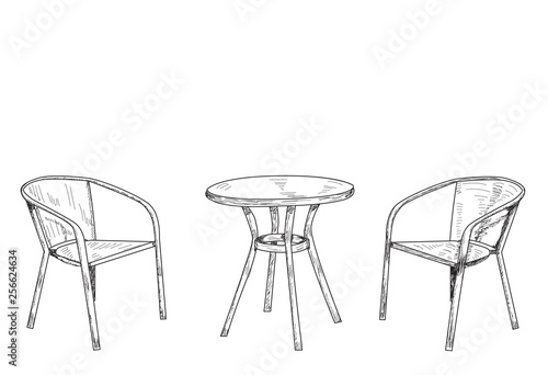  isolated round table and two chair sketch, lines