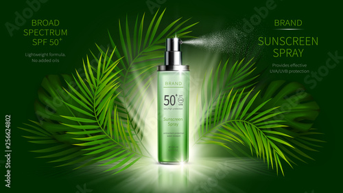 Sun protection cosmetic vector realistic ads poster. Light plastic spray bottle with sunscreen product and bright tropical leaves on green background. Spf cosmetics, mock up for glossy magazine
