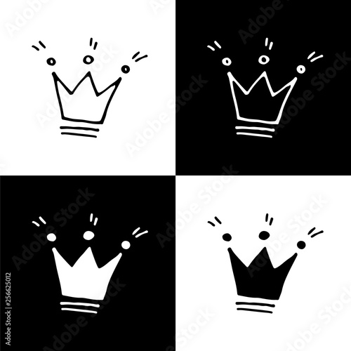 Cute monochrome crown icon set for web sites and apps. Sweet doodle black and white crown icon set. Isolated funny vector crown icon set for various projects.