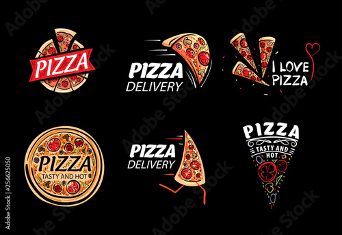 Logo of a sketched pizza. Vector illustration on black background