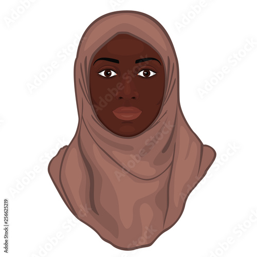 Portrait of a beautiful African American young Muslim woman wearing a pink hijab.