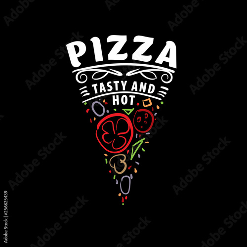 Logo of a sketched pizza. Vector illustration on black background