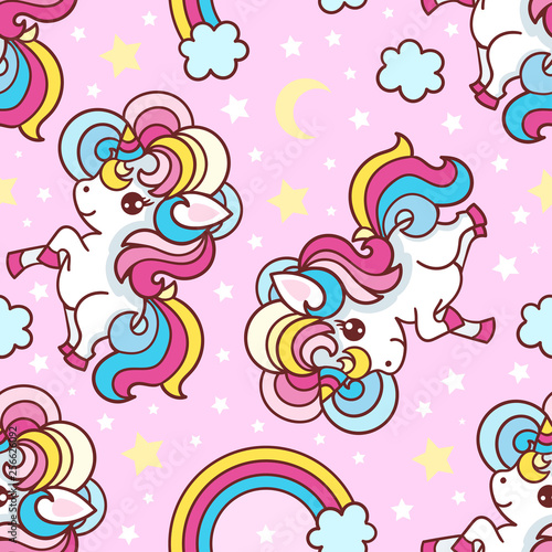 Seamless pattern. Unicorns  rainbow  stars  moon on a pink background. background. For fabric design  wallpaper  wrapping paper  etc. Vector